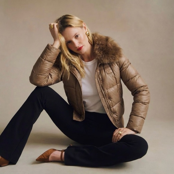 $795 COACH Puffer Jacket With Shearling Sz XS Beige